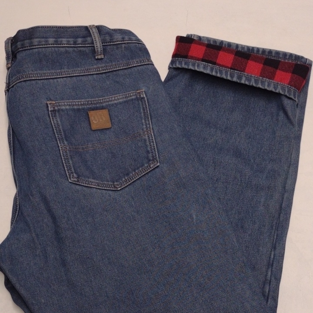 Outback Rider Blue Straight Jeans Men's Insulated, with Red Plaid Cuff
